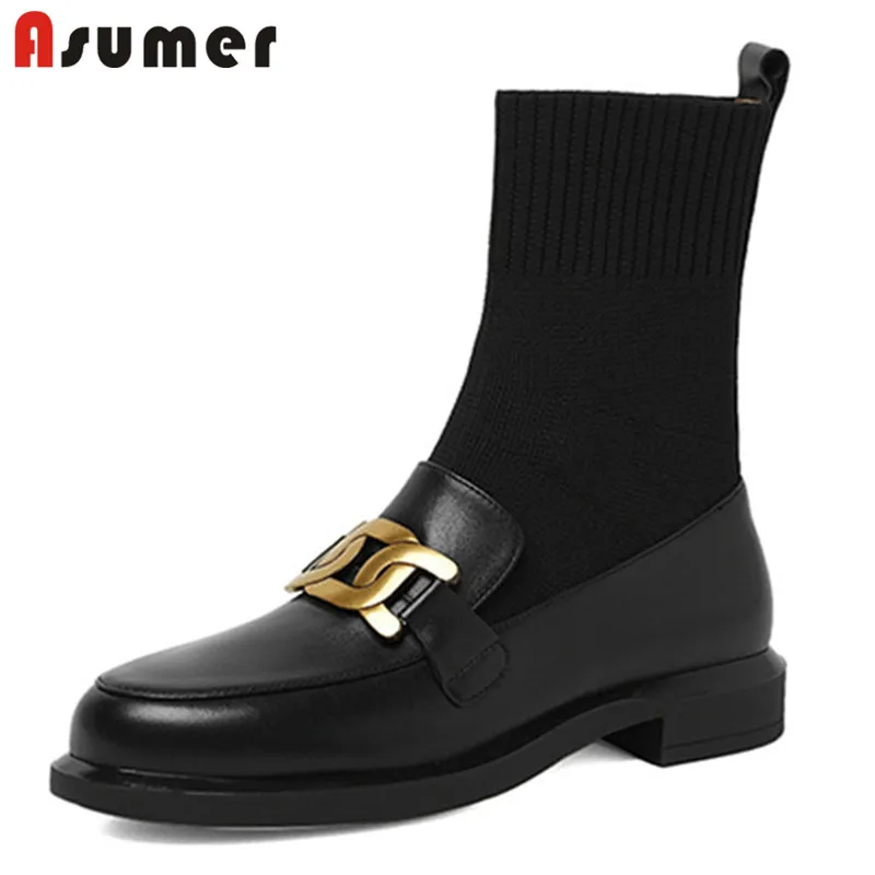 

Asumer Plus Size 41 Low Heels Casual Shoes Women Ankle Boots Genuine Leather Shoes Metal Decoration Winter Stretch Boots Women