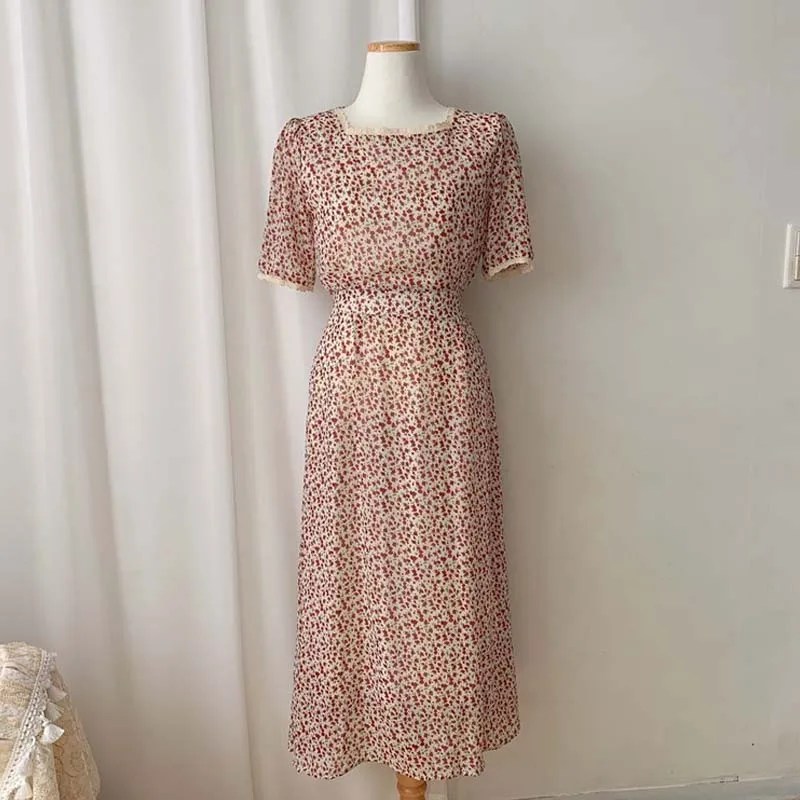 

2021 New Summer Korean Square Collar Short Sleeve Elegant Dress Lace Patchwork Floral Print Slim Waist A Line Dresses Vestido