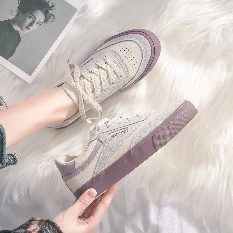 

2020 Autumn Women Shoes Flat Leather Sneakers Chunky Vulcanize Shoes Ladies Casual Shoes Woman Fashion Platform Sneaker Purple