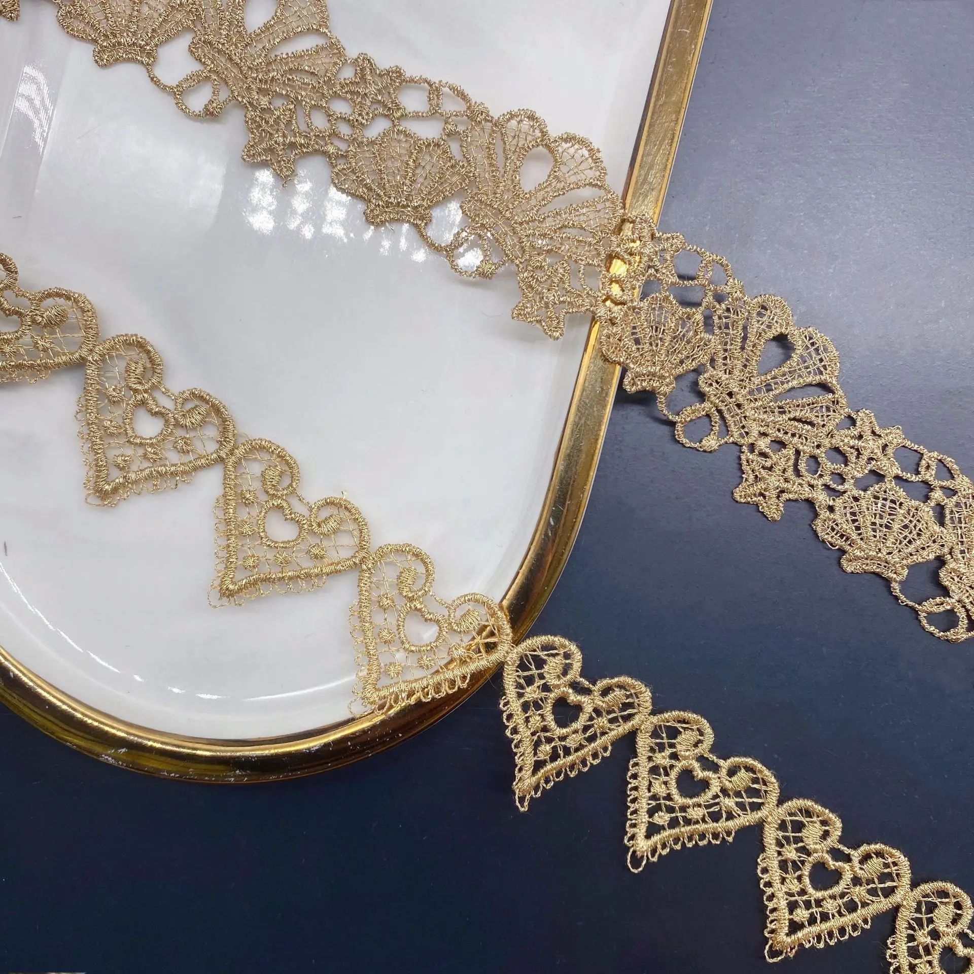 2 ярда Золотая вышитая кружевная лента в виде ракушек украшения ручной работы из