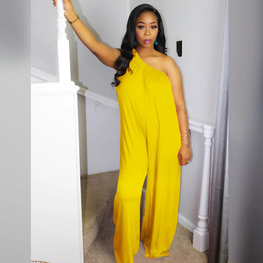 

Wholesale best top fashion sexy summer sleeveless solid color loose loose shoulder wide leg jumpsuit