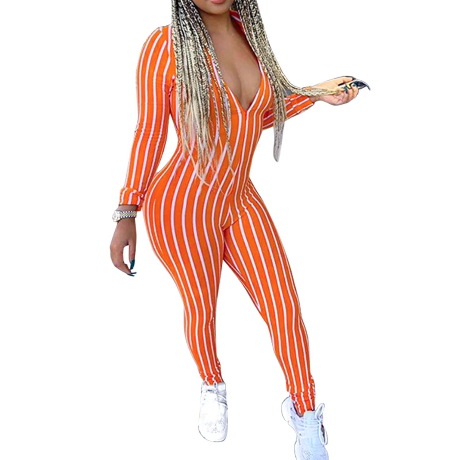 

Женский комбинезон в полоску, с глубоким V-образным вырезом и длинным рукавом, комбинезон с высокой талией в уличном стиле, сексуальный обле...