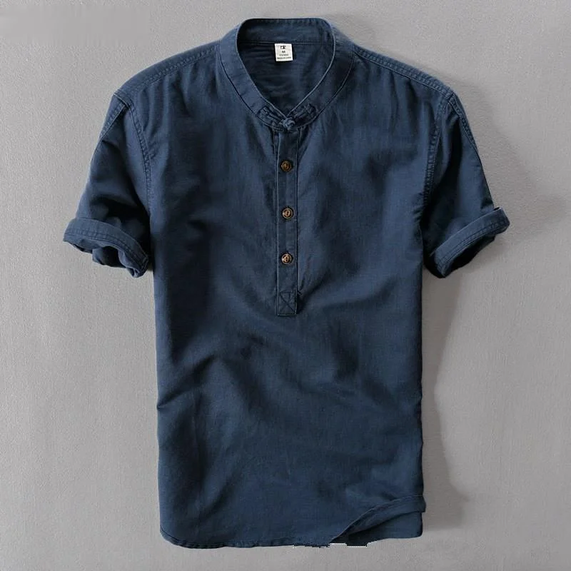 

Helisopus Men Casual Cotton Linen Shirts Summer Brand Short Sleeve Shirt Mandarin Collar Solid Color Retro Shirt Tees