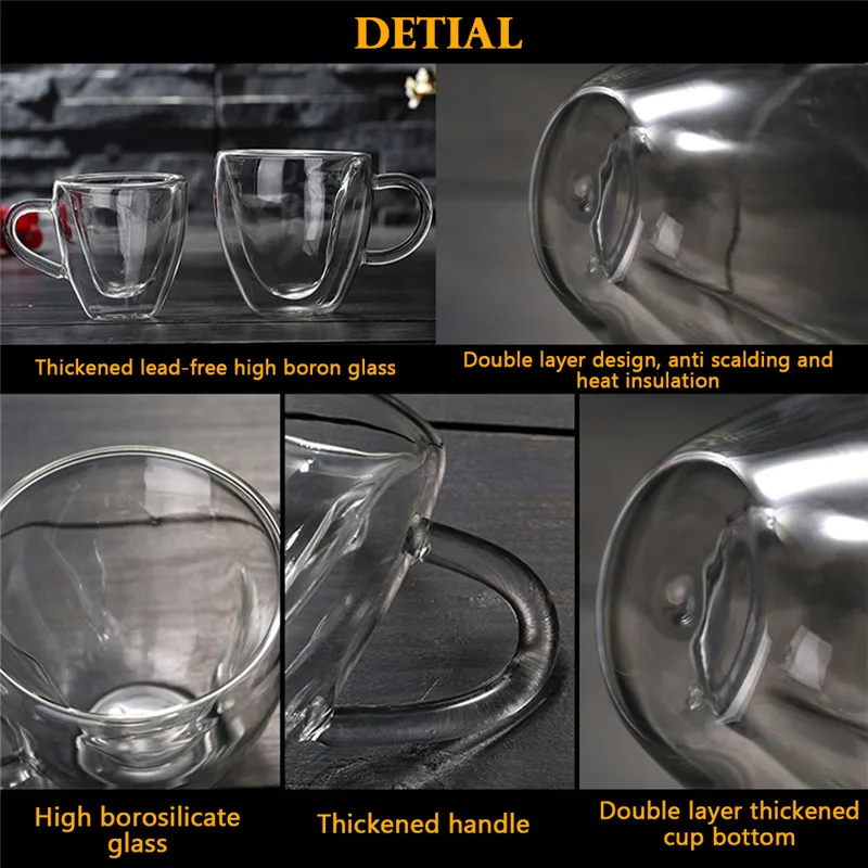 180ml/240ml Heart Love Shaped Tea Beer Mug Juice Cup Coffee Cups Gift Double Wall Glass Heat-Resisting Drinkware | Дом и сад