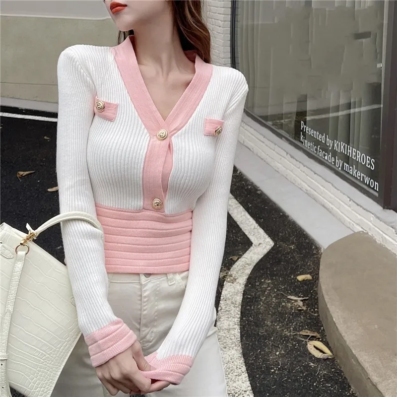 

2022 Spring Fashion New Contrast Color V-neck knitting Sweater Woman Single-Breasted Long-Sleeve Short Chic Cardigan Top Female