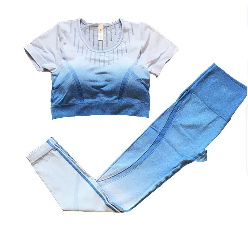

2 Piece Set Women Ombre Color Yoga Set Gym Sportswear Sport Yoga Bra Fitness Pants Ombre Leggings Short Sleeve Shirt Active Wear