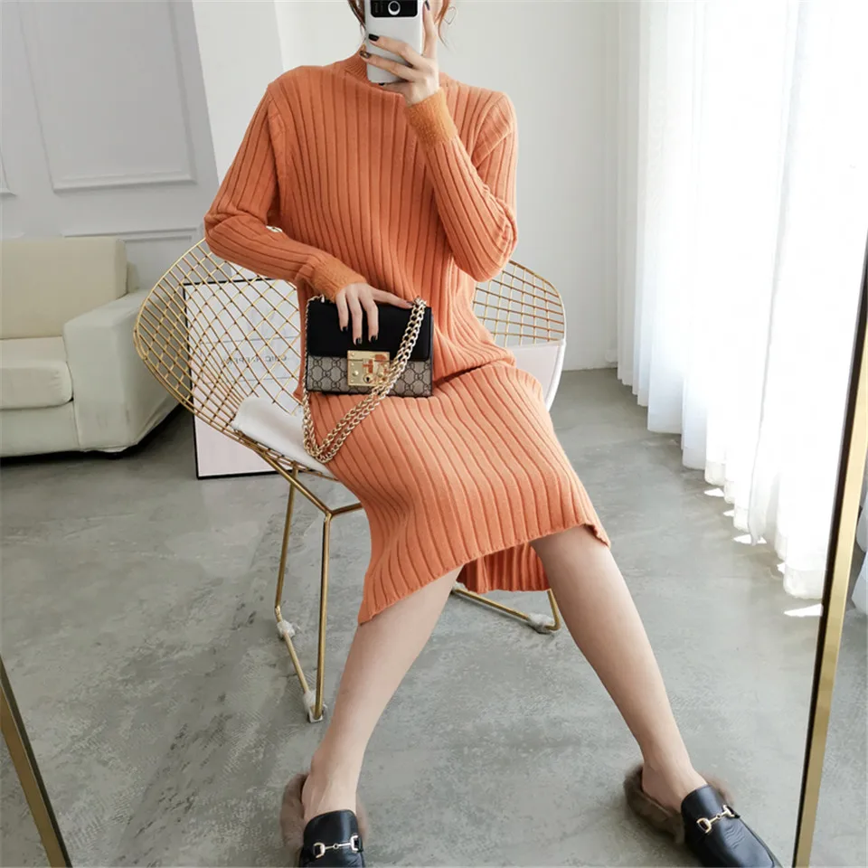 Раздельное однотонное платье с круглым вырезом и длинным рукавом Vestido, милое зимнее трикотажное платье, Осеннее женское элегантное платье, новинка года, модное тонкое мягкое женское платье
