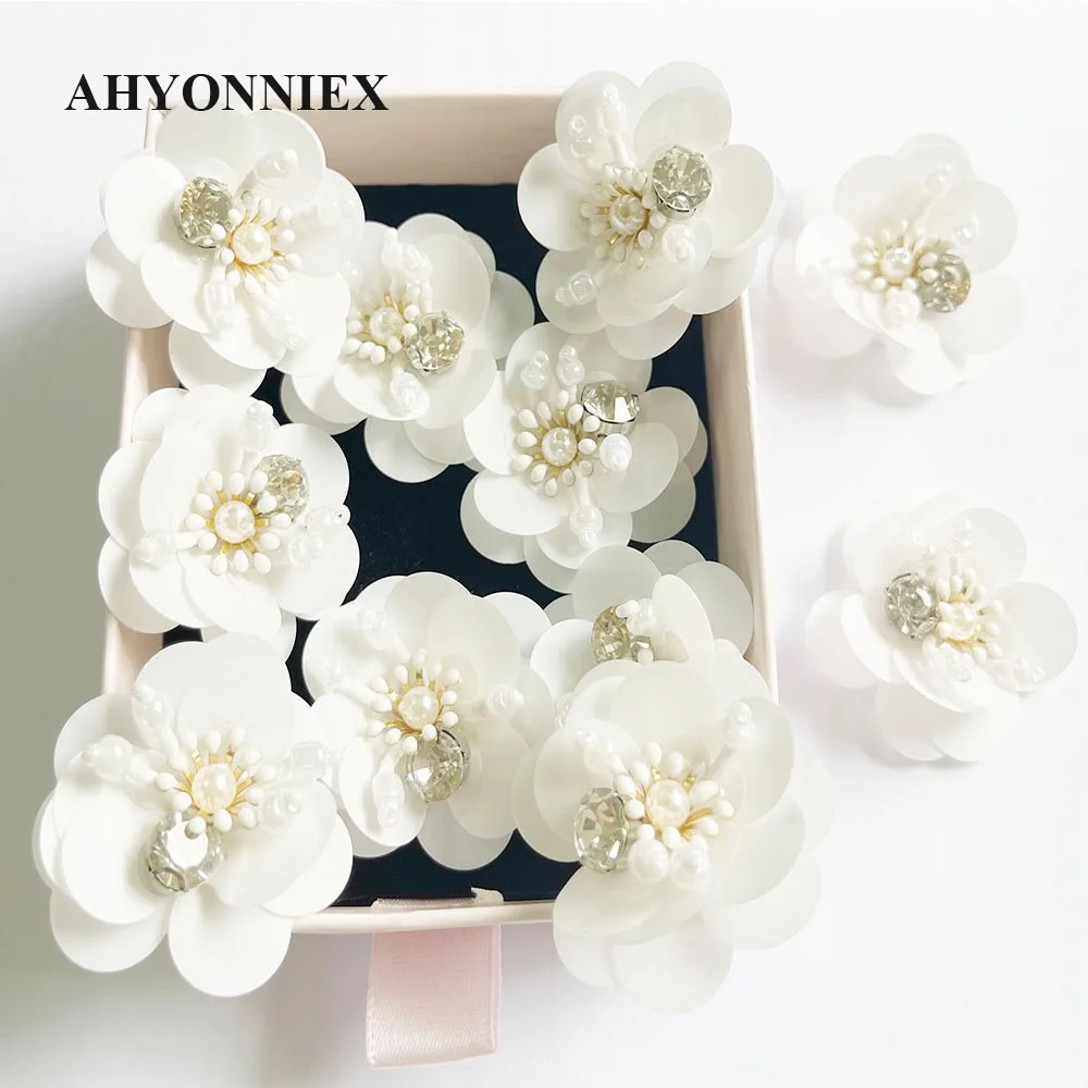 

10PCS White Color Sequins Beaded Flower Sew On Patches for Clothing Beading Applique for Earrings DIY Socks Bags Shoes Socks