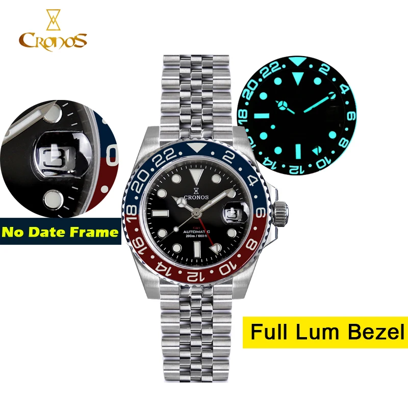 

Cronos GMT Automatic Men Watch Bidirectional Bezel Sapphire 20ATM Solid 5 links Metal Bracelet BGW-9 Lum Self Winding Mens Watch