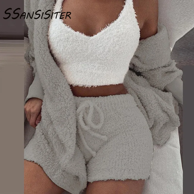 3 шт./компл. пикантные Для женщин костюмы с капюшоном бархат пушистые пальто