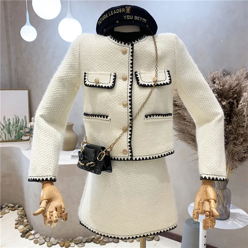 

Новая женская одежда нишевого дизайна, Осень-зима 2021, яркое твидовое короткое пальто + юбка с высокой талией и запахом, комплект из двух пред...