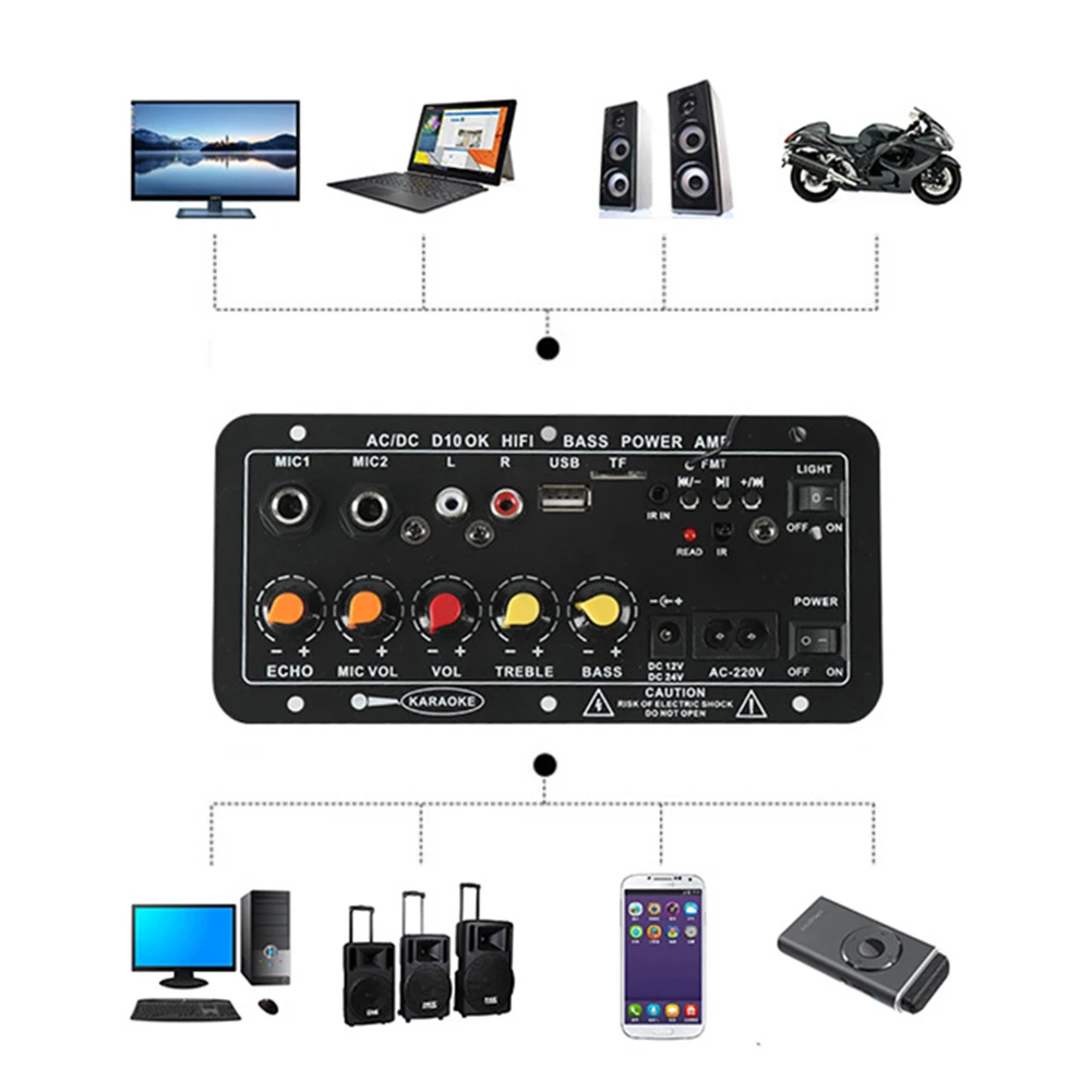 D10 12V 24V Subwoofer Digital Power Amplifier Board Wireless Audio Stereo Bluetooth-Compatible 5.0 Dual Microphone Karaoke Amp |