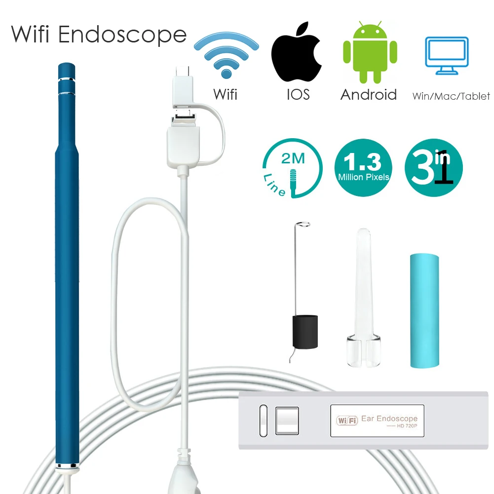 

Blue 0.3/1.3MP Medical USB Wifi Visual Ear Endoscope Spoon Camera Borescope Android PC IOS Tablet Iphone Ear Pick Tool Otoscope