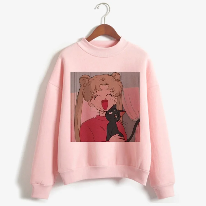 P1851W-pink Сейлор Мун каваи Харадзюку толстовки для женщин Ullzang милый кот Аниме Забавный мультфильм свитшоты Usagi 90s Эстетическая толстовка женская - Цвет: P1851W-pink