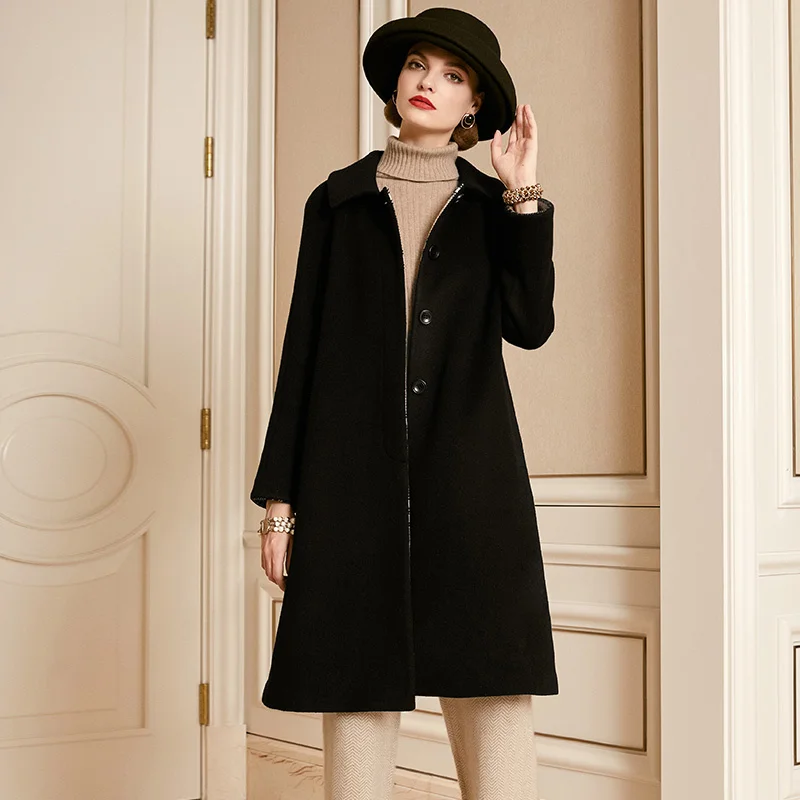 

SHZQ черное двухстороннее кашемировое пальто, женское средней и длинной 2021 зимнее новое шерстяное тонкое, а шерстяное пальто T