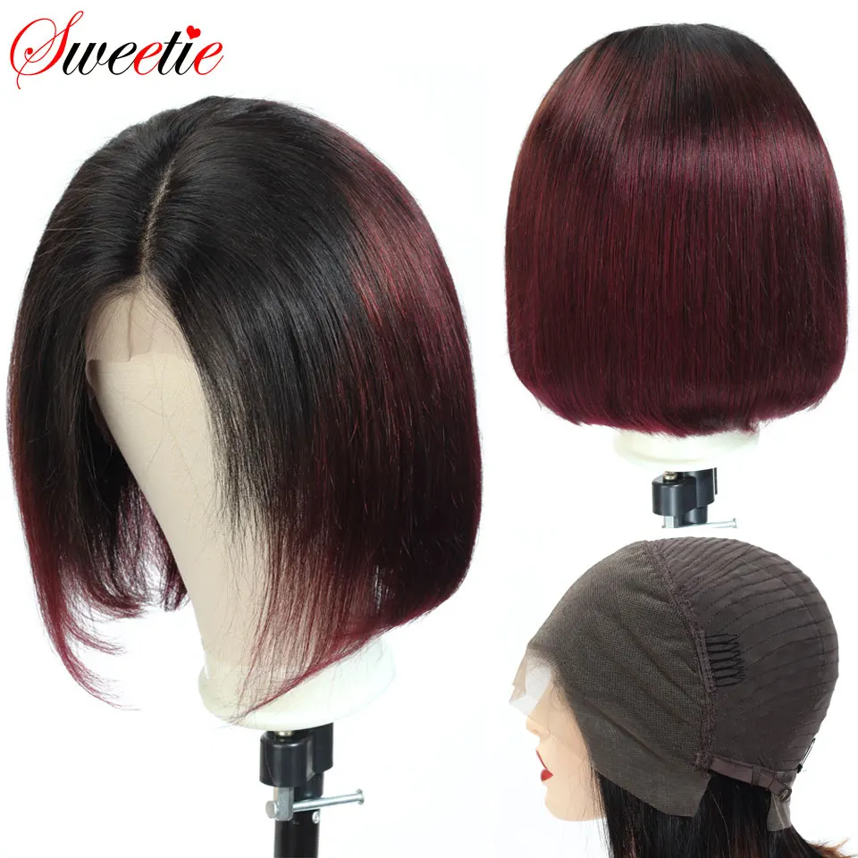Sweetie волосы прямой Боб 13x4 кружевной передний парик 1b/99J красный Омбре