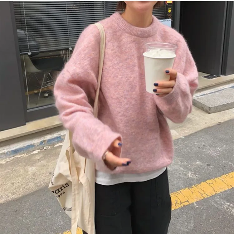 Осень-зима 2019 розовый свитер Женский пуловер с круглым вырезом мягкий вязаный