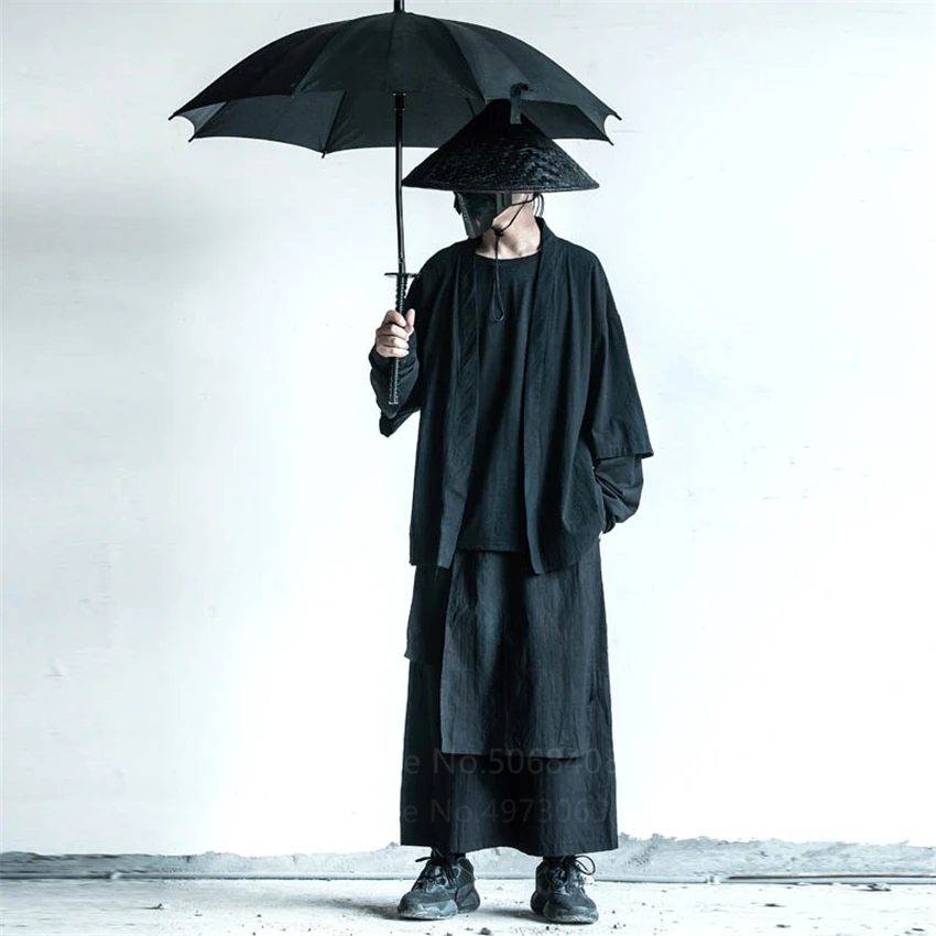 Кимоно хаори для мужчин в традиционном японском стиле кардиган черное пальто