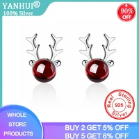 yanhui new sweet elk antlers deer red garnet earrings for women trend creative 925 sterling silver christmas jewelry oorbellen