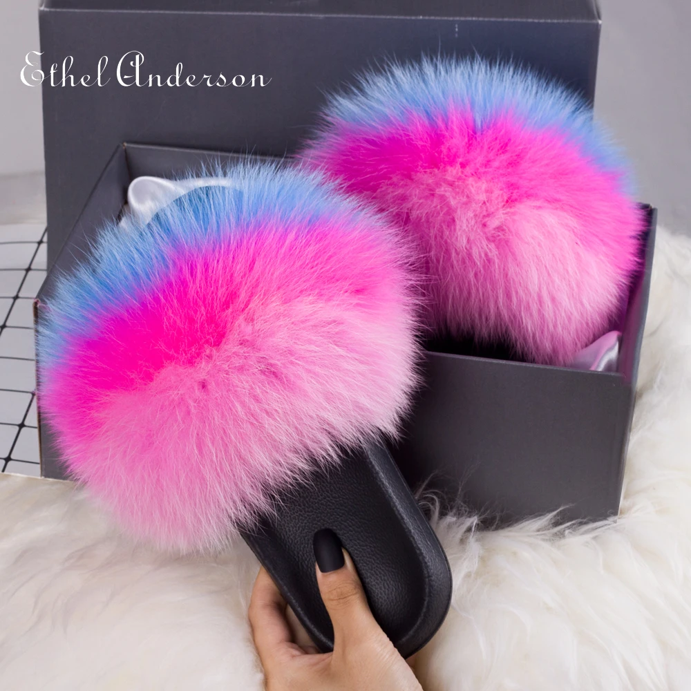 

2021 Women's Fox Raccon Fur Slippers Female Shoes Cute Plush FluffySandals Hot Lady's Fur Slippers Warm Slipper For Fashionable
