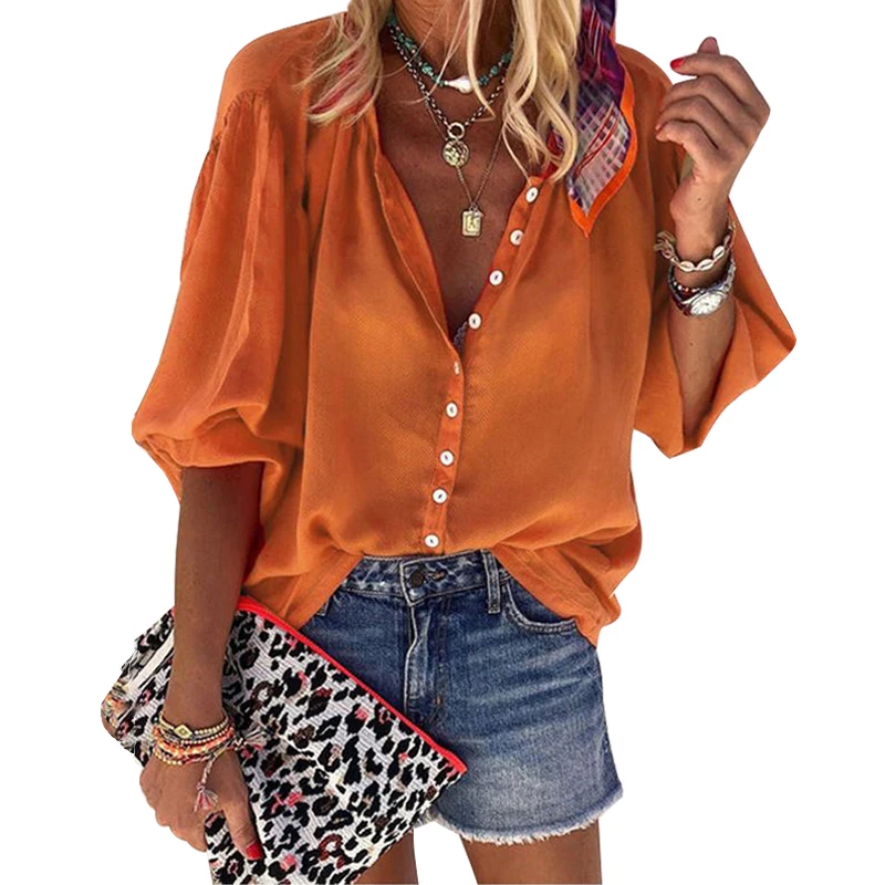 

New Summer Solid Office Women Shirt V-neck Long Sleeve Loose Ladies Shirts Streetwear Plus Size Blouse