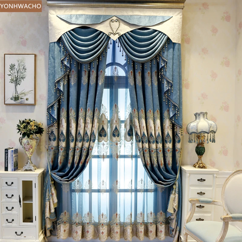 

Custom curtain European luxury chenille embroidery thick shading bedroom blue cloth blackout curtain valance tulle panel C544