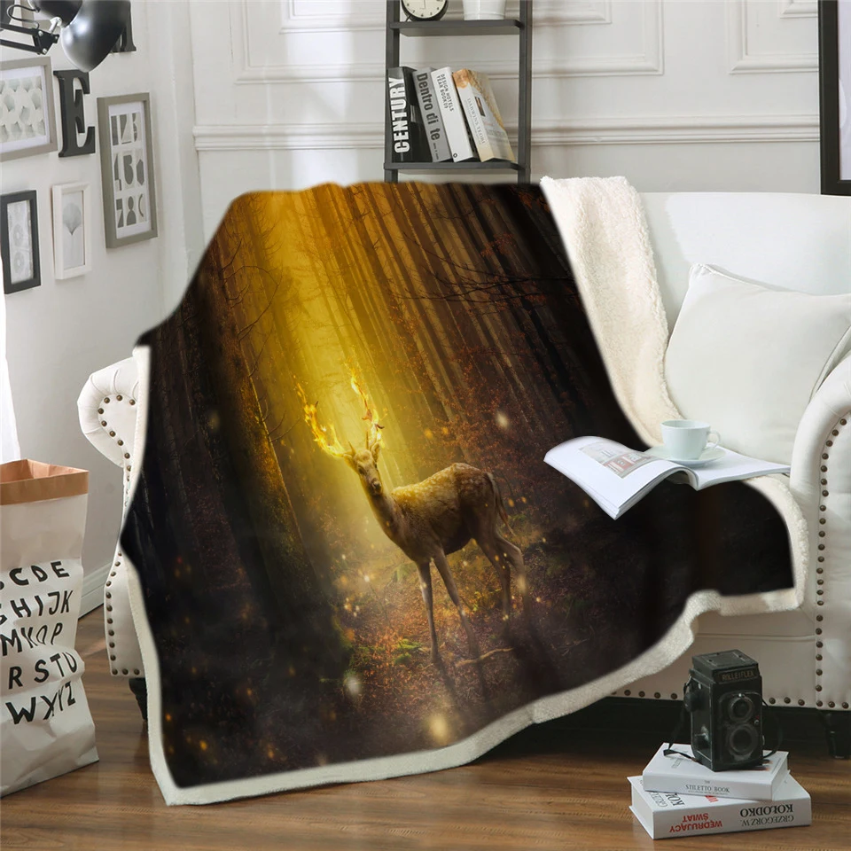 Плед теплый мягкий плюшевый лес милый маленький олень мама ребенок Камуфляж