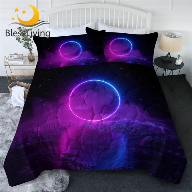 BlessLiving Circle Quilt Set Queen Sea Comforter Cover Starry Sky Bedclothes Cozy Bedlinen Set Fluorescent Violet Home Decor 1