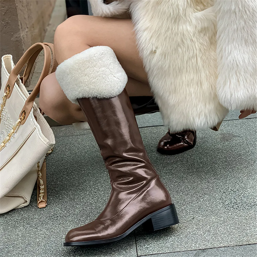 

Aiyoway New Good Quality Handmade Women's Winter Boots Knee High Genuine Leather Thick Heel Warm Lady Snow Shoes Solid Black