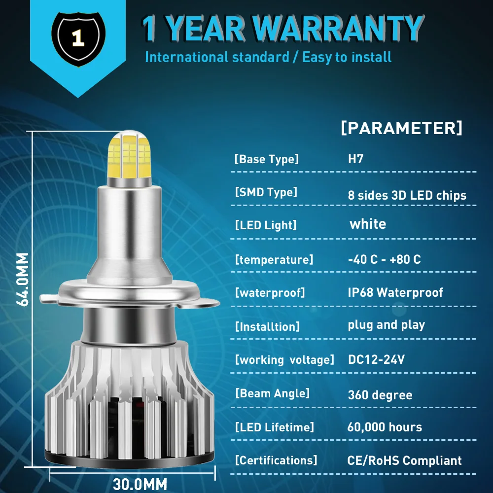 Светодиодные лампы для фар Canbus H7 H1 H4 H11 HB3 9005 HB4 9006 6000 лм|Передние LED-фары авто| |