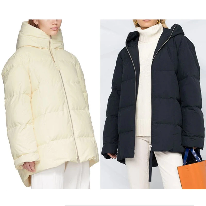 

2020 winter female European and American profile hooded zipper 90 white duck down jacket jacket pocket loose cotton jacket