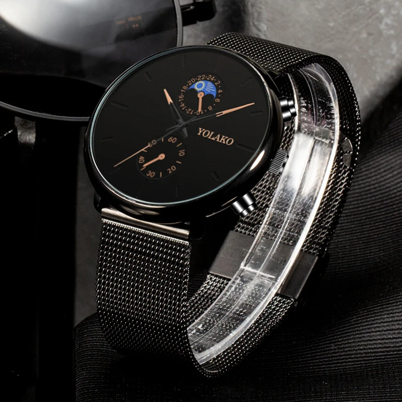 Мужские повседневные часы из черного сплава с сеткой Креативные мужские большим