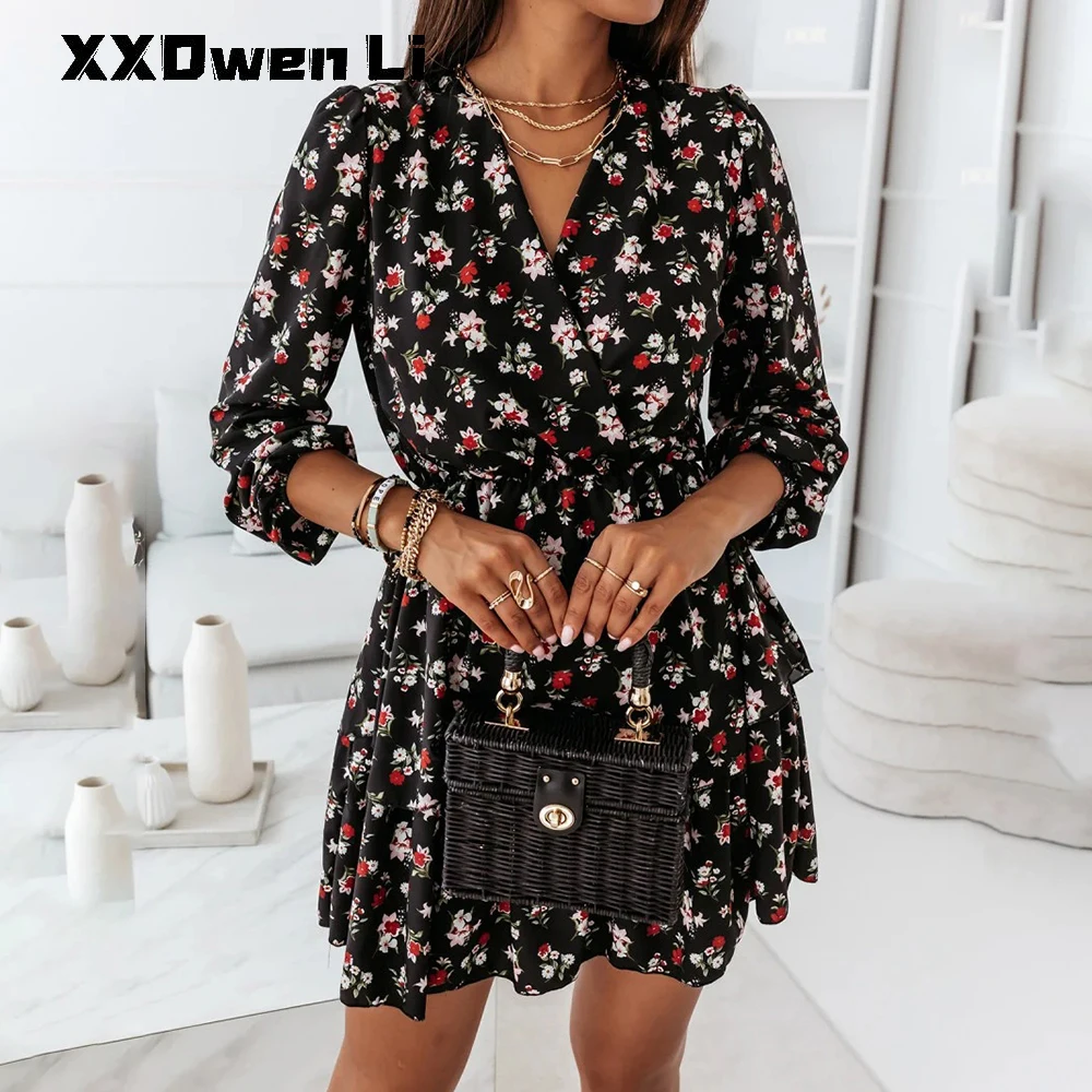 

Fashion Floral Long Sleeve Mini Dress For Women 2021 Autumn Loose Casual Office Ladies Dress Vintage Black Dresses For Woman