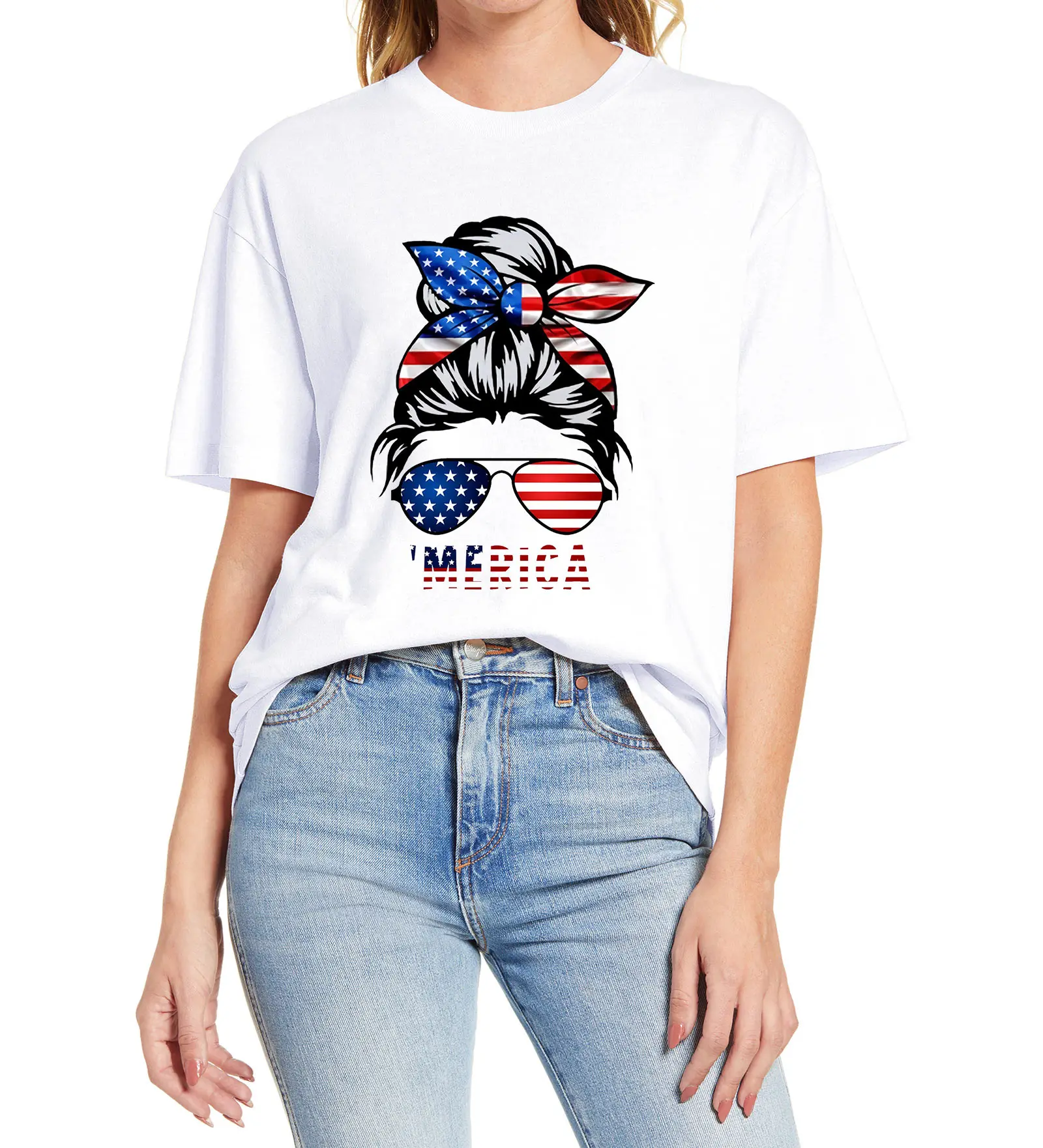 

4th of July Womens 'Merica America Flag Funny Mom Turban Messy Bun Hair Sunglasses Women's Cotton T-shirt Funny Unisex T-Shirt