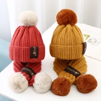 kids winter scarfhats sets children stripe knitted beanies with plush for boys and girls scarf keep warm caps with fur pompom