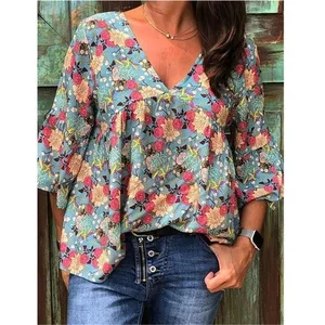 Женские блузки мода 2020 Лето Глубокий v-образный вырез Половина рукава с принтом Свободный Топ Женская блузка