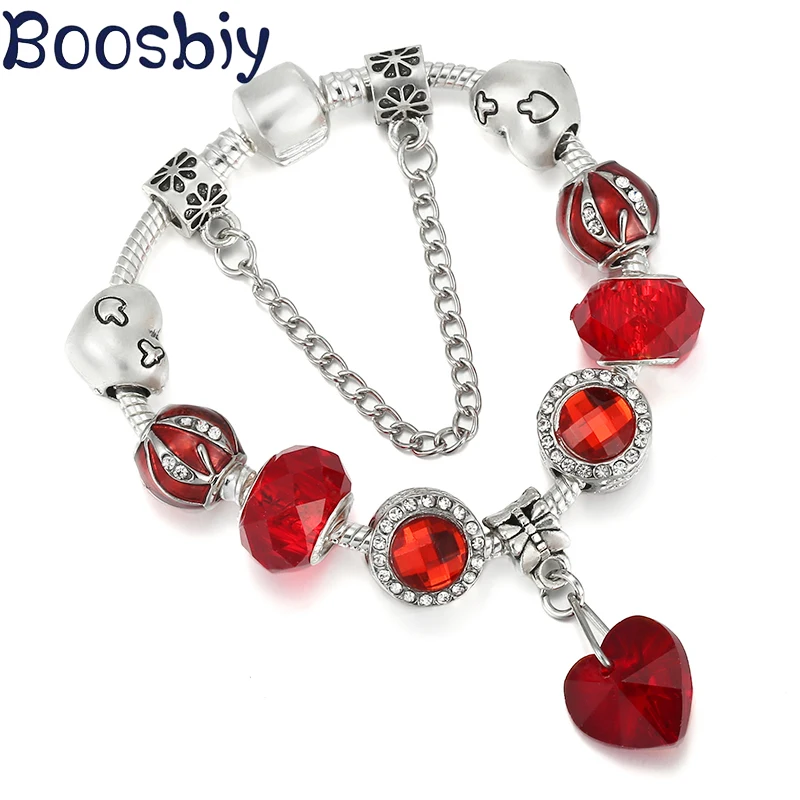 

Подвеска «сделай сам» в виде красного сердца, Посеребренная цепочка-змея, амулетный браслет, модная брендовая бижутерия для женщин, подарок...