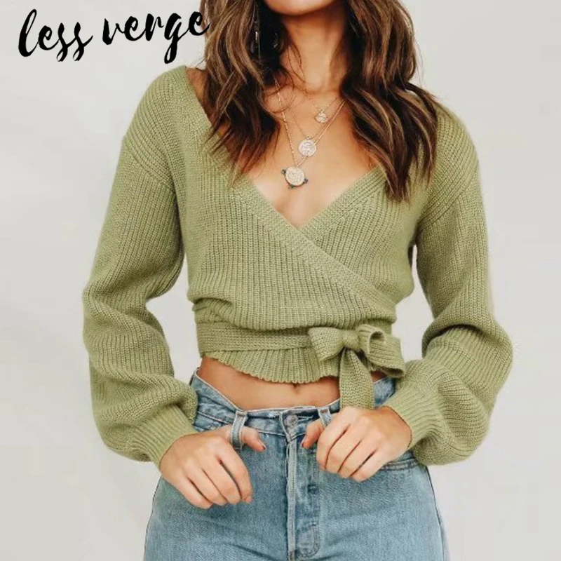 Lessverge Sexy v neck wrap green knitted sweater cardigan Women cropped autumn winter jumper Female casaul bandage slim |