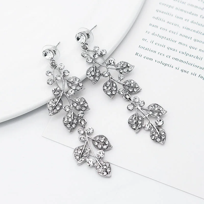 QYY Bridal Beautiful Leaf Design Long Earrings Shining Evening Party Earring For Women Wedding Jewelry | Украшения и аксессуары