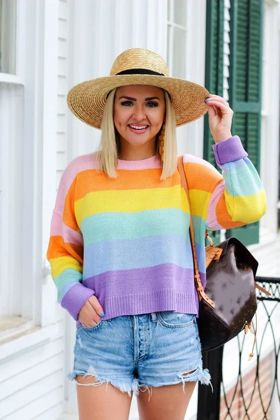 

Casual Colorful Patchwork Long Sleeve Women Sweater O Neck Elastic Streetwear Female Pullovers Striped Autumn Fashion Tops 2021