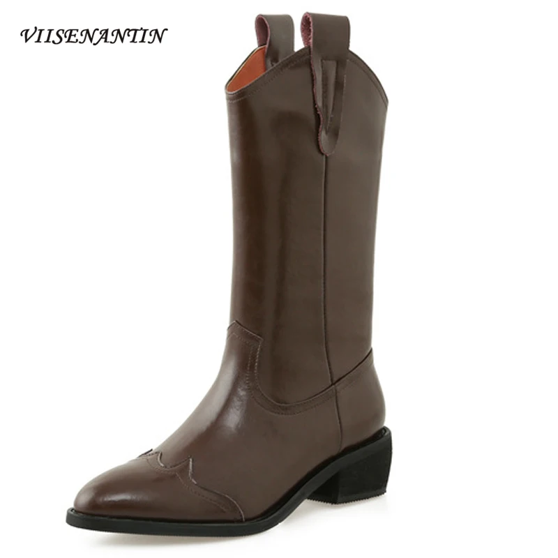 

Retro Pointed Toe Mid-heel Western Cowboy Boots, New Korean Style Cowhide Mid-tube Boots, British Thick-heeled Knight Boots