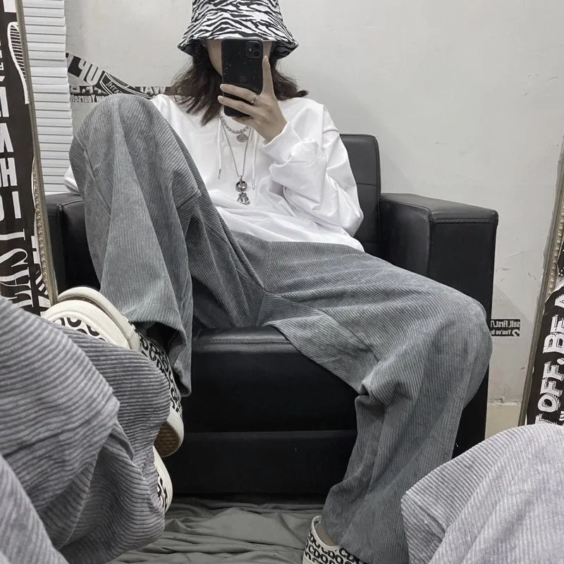 

HOUZHOU Harajuku Casual Wide Leg Gray Corduroy Pants Women Korean Style Autumn All-match Black Trousers Female Fashion Student