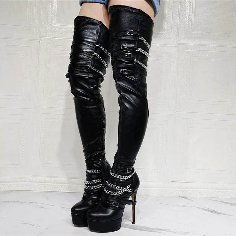 Metal Decoration Punk Lady's Thigh High Boots Round Toe Platform High Heeled Boots Over Knee Buckle Chain Strap Big Size 47