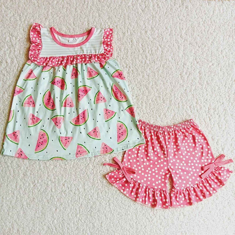 

2021 Summer Fashion Infant Cute Girl Watermelon Short Sleeve Shirt Dots Ruffles Pants Baby Outfit Wholesale Boutique Clothes