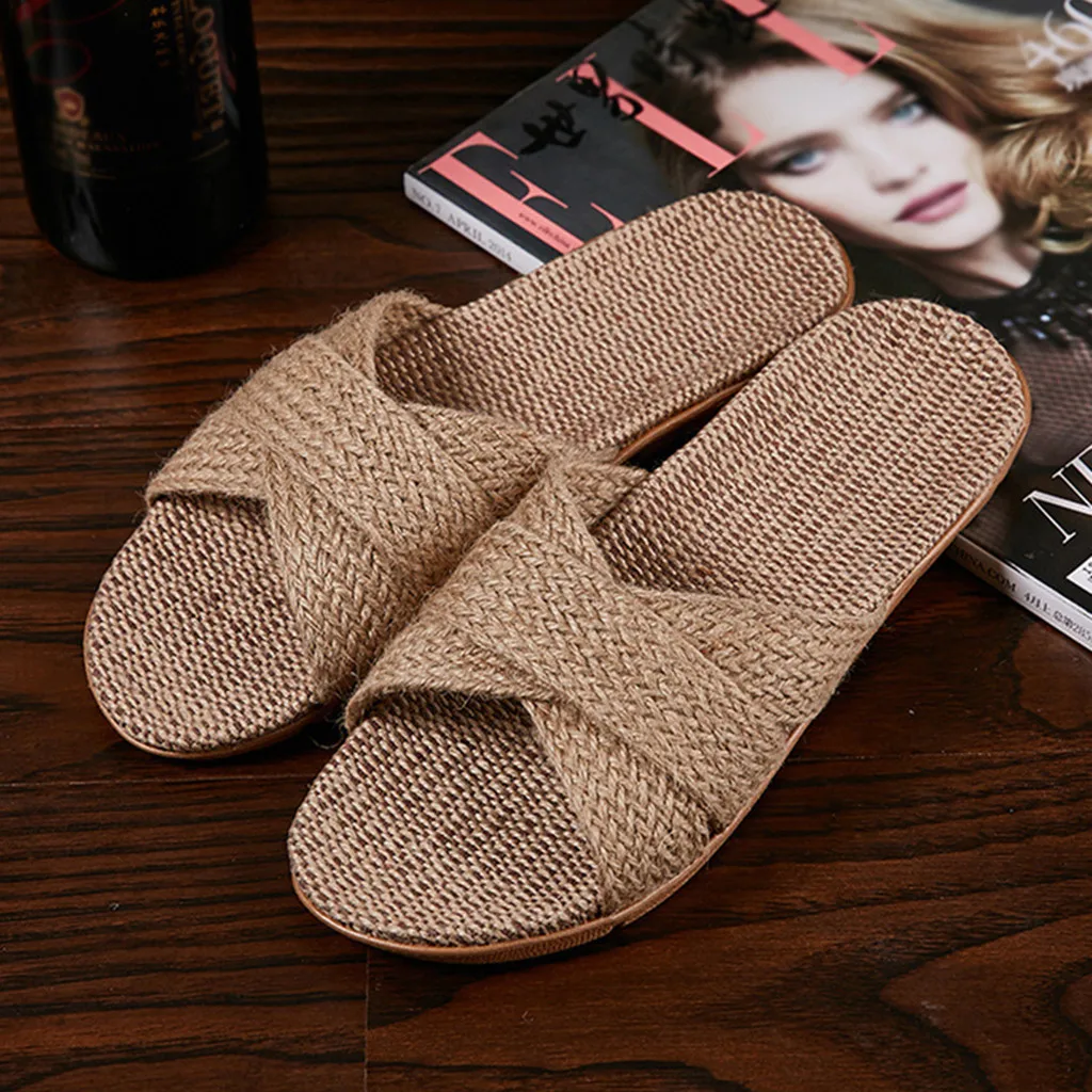 

Summer woven hemp sandals with cross straps Women's non-slip flat shoes with straw holes Linen slippers Casual Beach Slippers#w