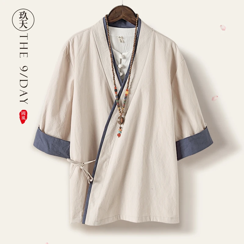 

★wind flax male short-sleeved summer hanfu ancient zen tea loose Chinese lay under cotton and linen suit way tunic