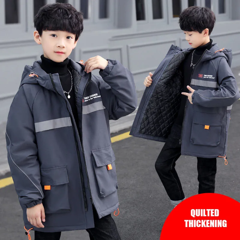 

Winter Polyester Jacket For Boy 2021 Keep Warm Coat Thicken Plus Velvet Reflective Handsome Hooded Casual Children's Clothing