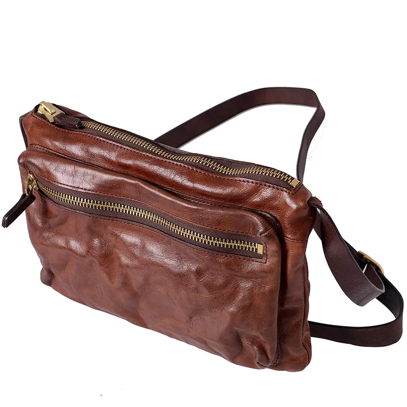 Fashion simple genuine leather small satchel vintage natural cowhide men's trend shoulder bag casual art daily messenger bag