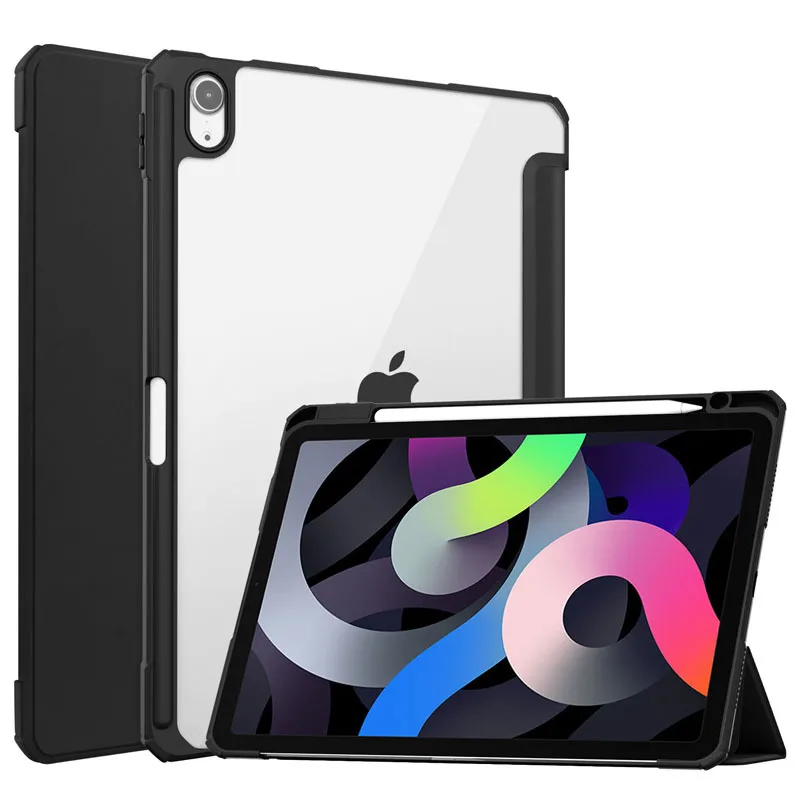 

For iPad Air4 10.9 Tri-fold pen slot acrylic transparent back cover iPad2020 flip flat cover for ipad pro 11 2020