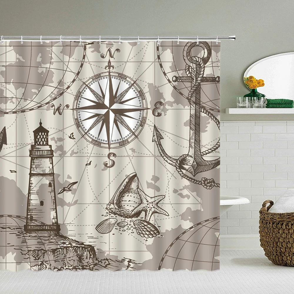 

Retro Nautical lighthouse Printed 3d Bath Curtains Waterproof Washable Bathroom Shower Curtain Black White Screen With Hooks